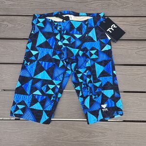 TYR Boys Mens  Geometric Jammer Size 32 Blue/Black Swimwear Swimsuit NWT